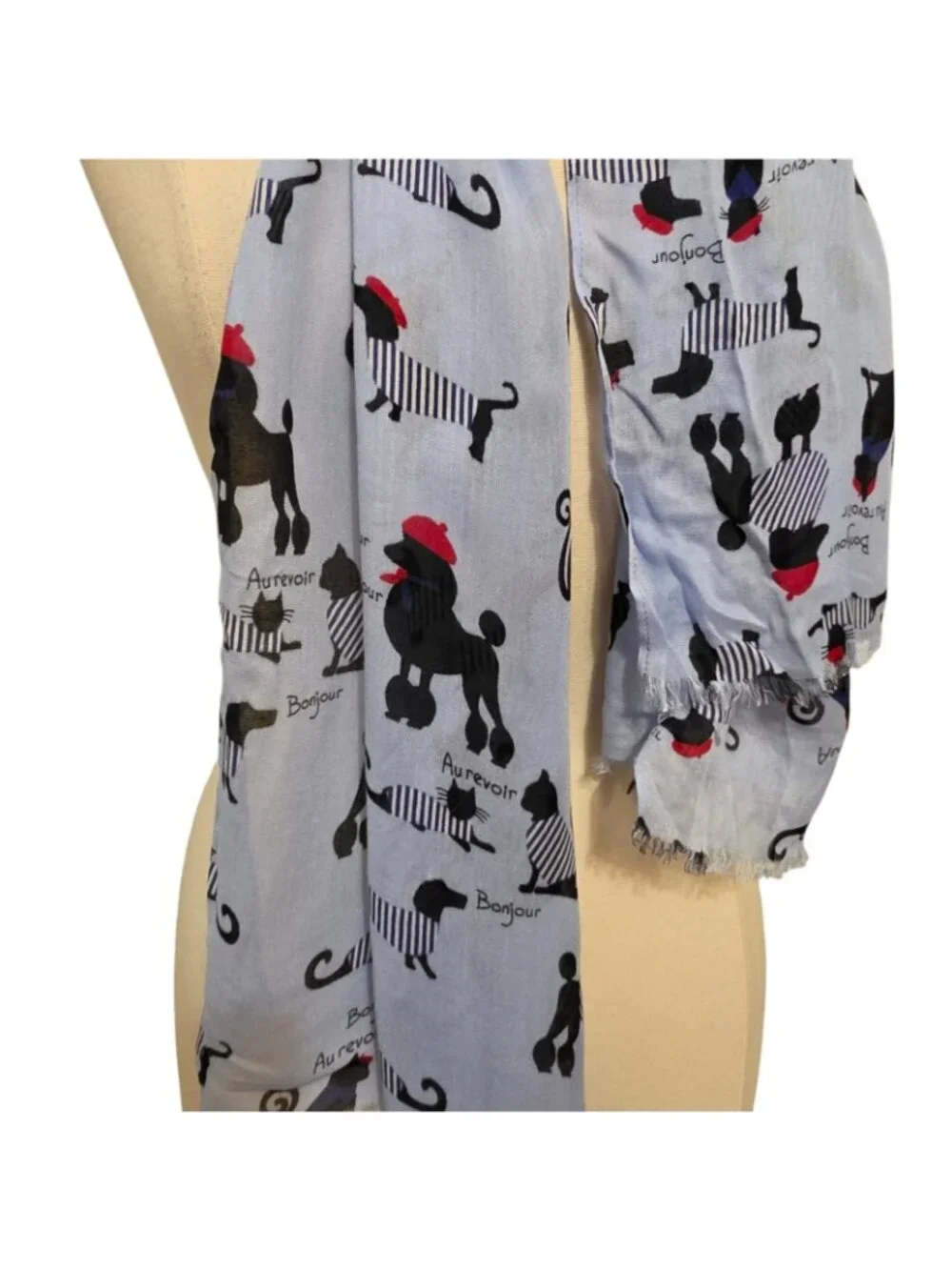 Talbots Paris Bonjour Au Revoir Dog Cat Print Scarf Blue Viscose Wrap Shawl